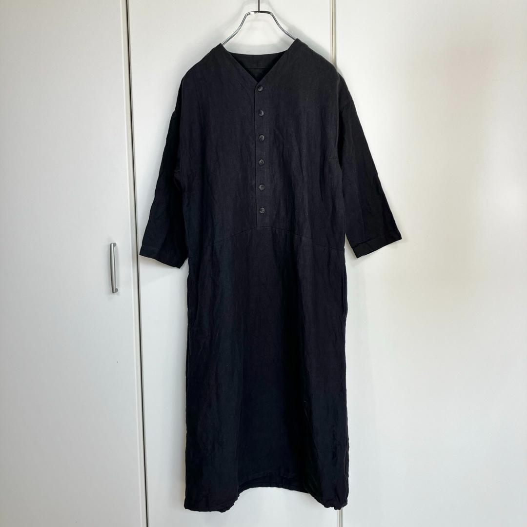 中川政七商店 厚手麻のボタンワンピース スミクロ