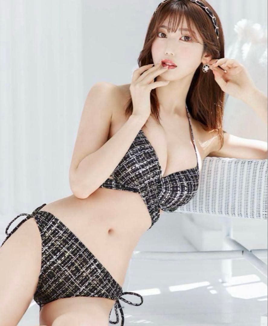 Suger ツイードプリント バッククロスリボン クロスビキニ 2点セット