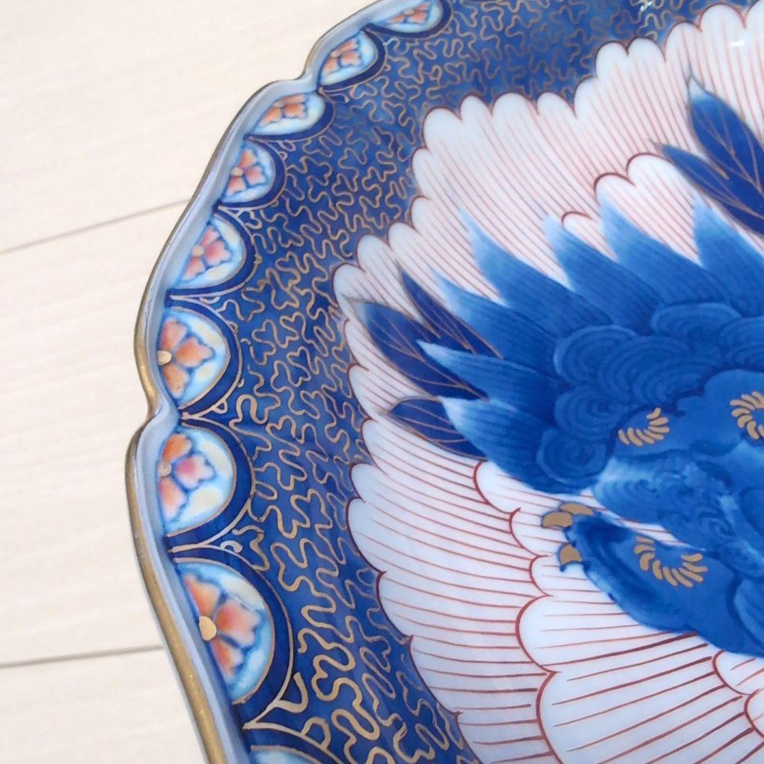 深川製磁 獅子の大皿 宮内庁御用達 青と白の八角形皿