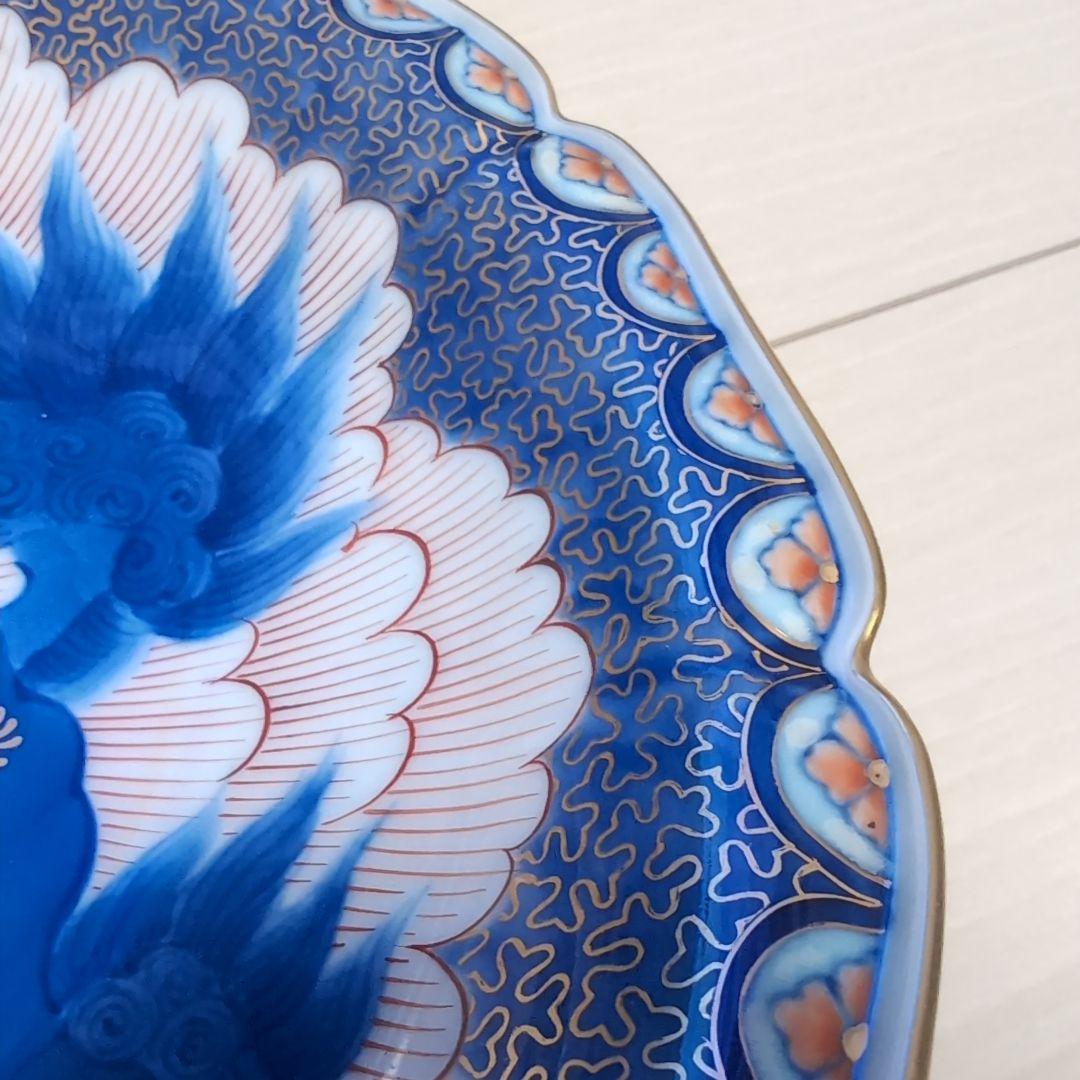 深川製磁 獅子の大皿 宮内庁御用達 青と白の八角形皿