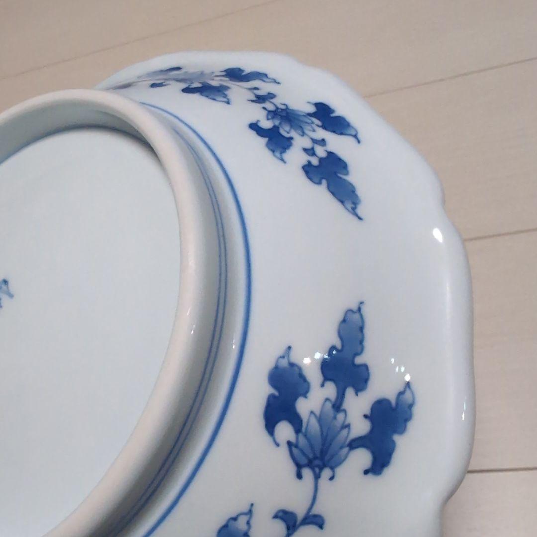 深川製磁 獅子の大皿 宮内庁御用達 青と白の八角形皿