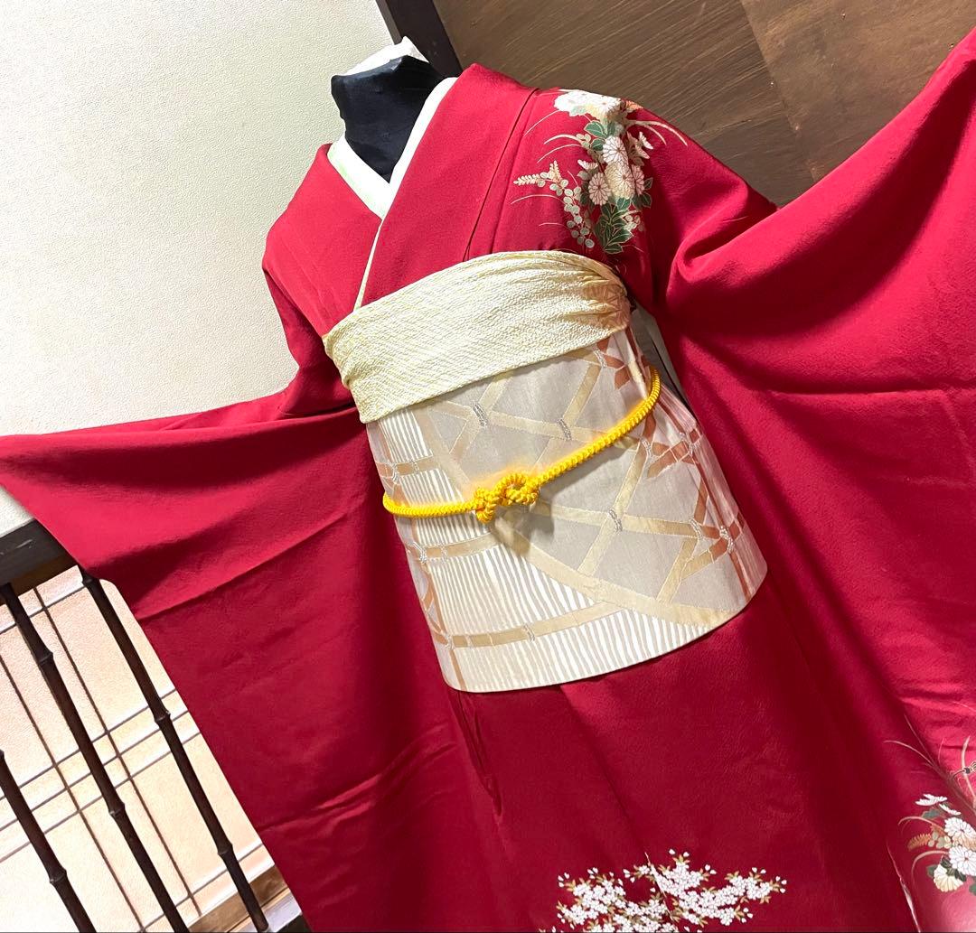 振袖フルセット6点サイズM〜Ｌ糸巻き花文　暈し染め　金彩　正絹