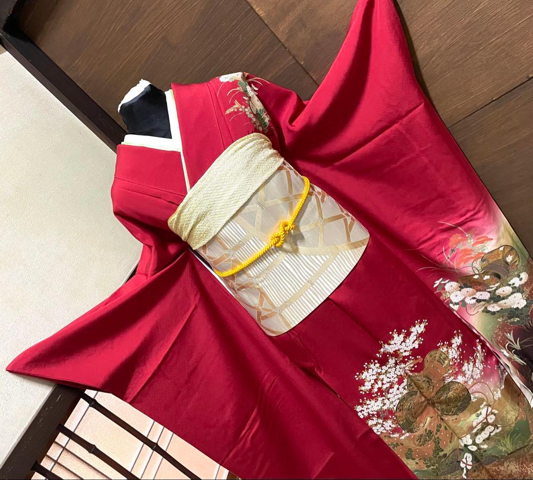 振袖フルセット6点サイズM〜Ｌ糸巻き花文　暈し染め　金彩　正絹