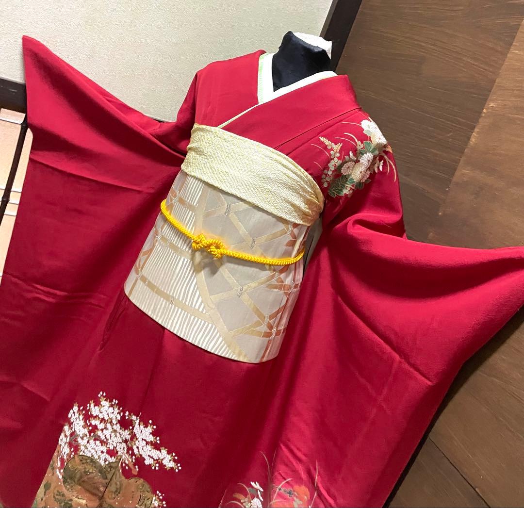 振袖フルセット6点サイズM〜Ｌ糸巻き花文　暈し染め　金彩　正絹