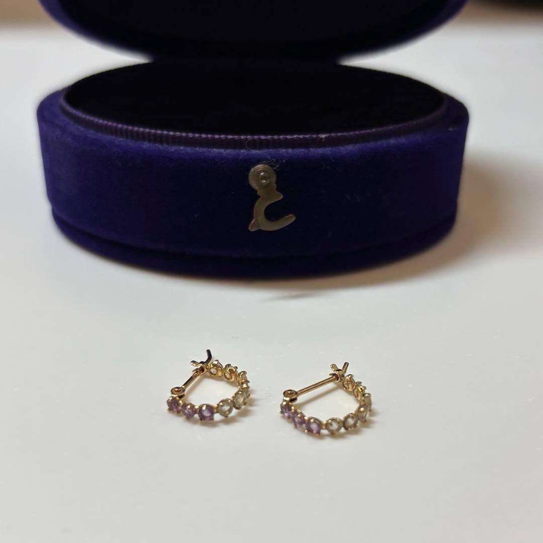 【美品】agete K10 ミックスストーン アメジスト フープピアス 箱付き