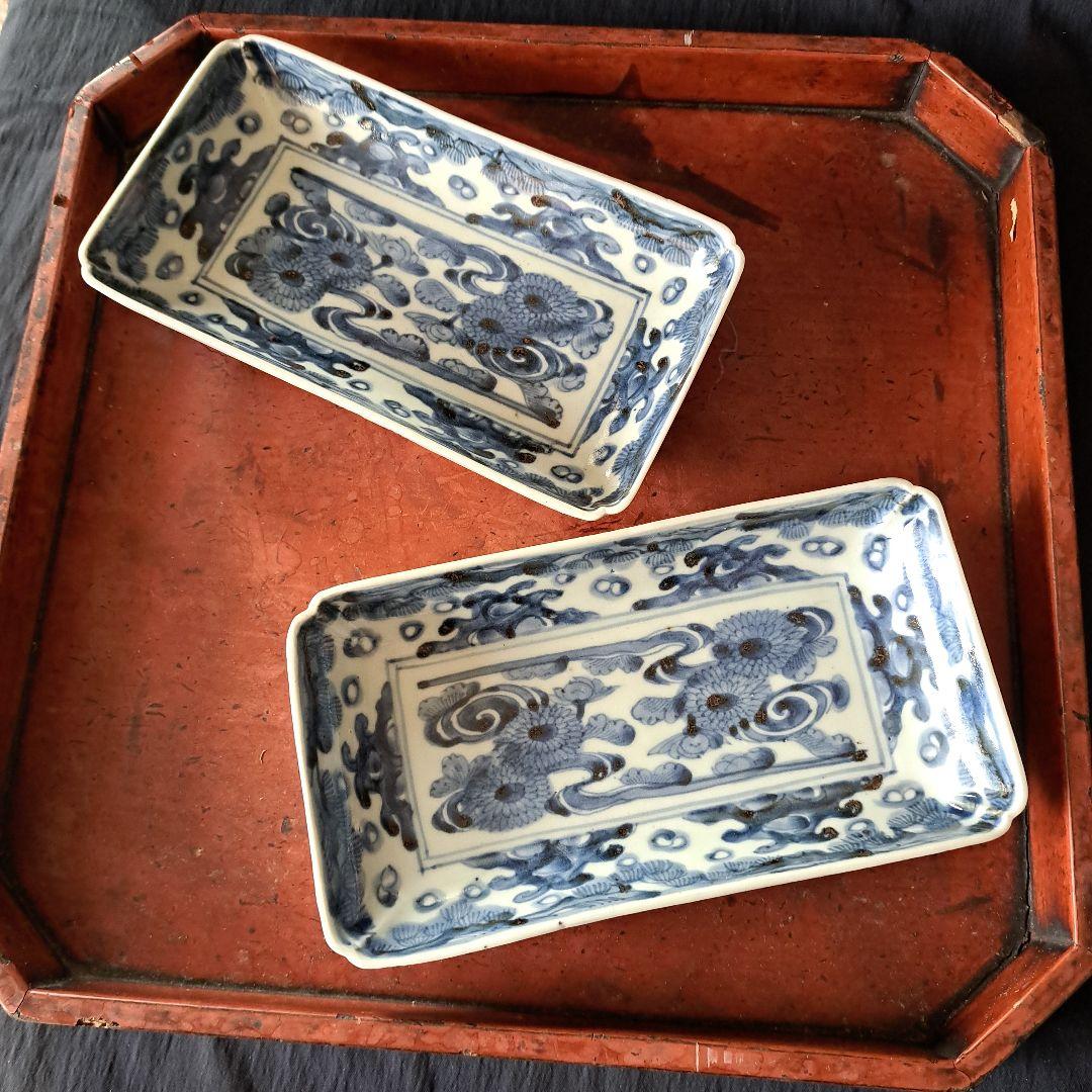 「high level ！菊づくしの古伊万里」 染付長皿(幅21cm)2客セット