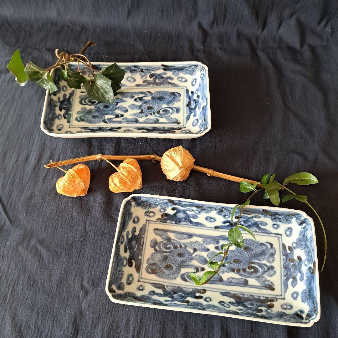「high level ！菊づくしの古伊万里」 染付長皿(幅21cm)2客セット