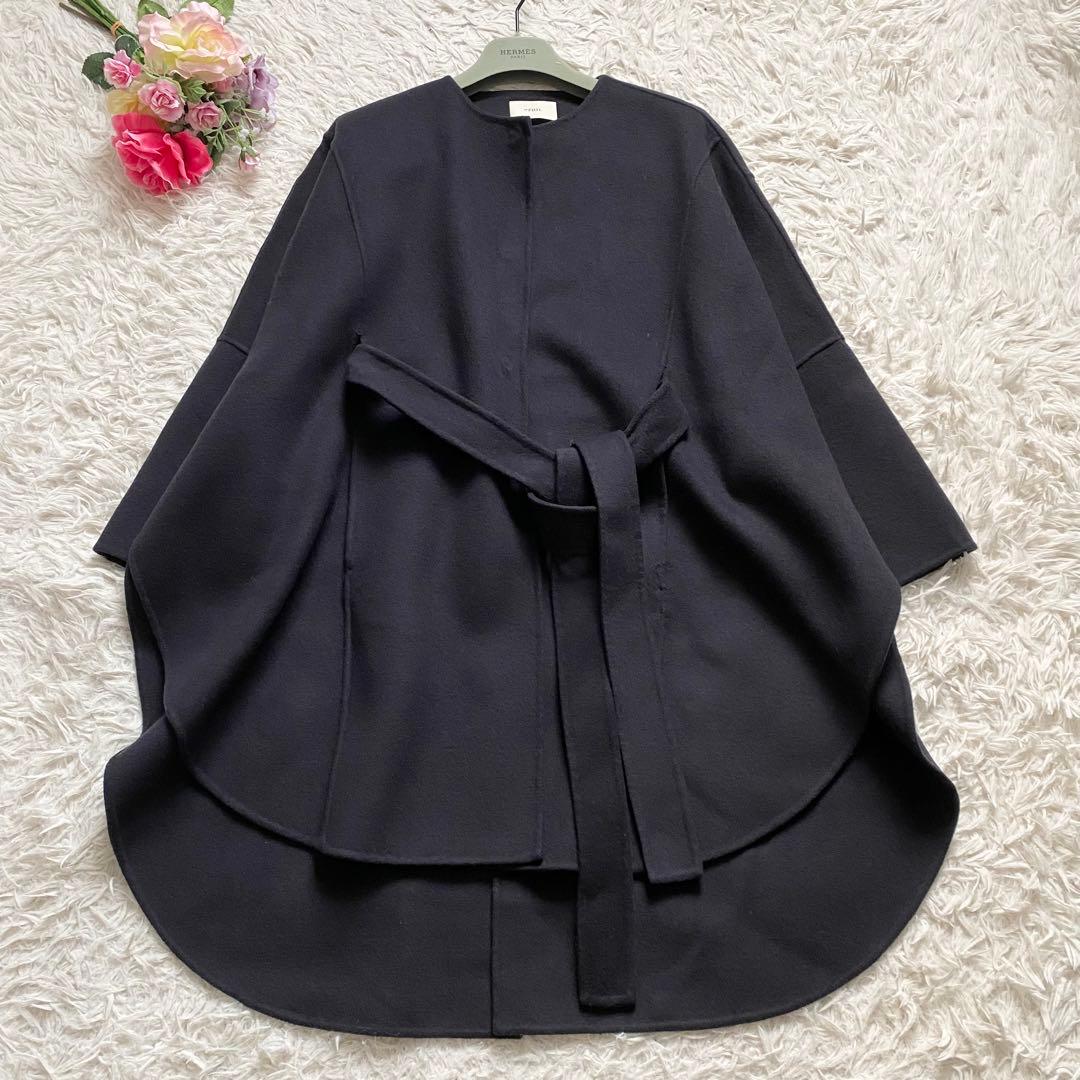 極美品■LE PHIL　ソフトウール　リバーポンチョ　ケープコート　ネイビー