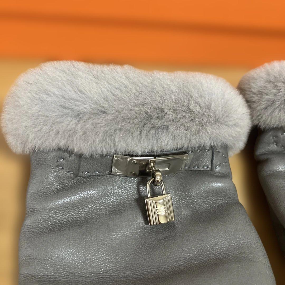 HERMES エルメス　ミンクファー付きグローブ　ケリー グレー　7
