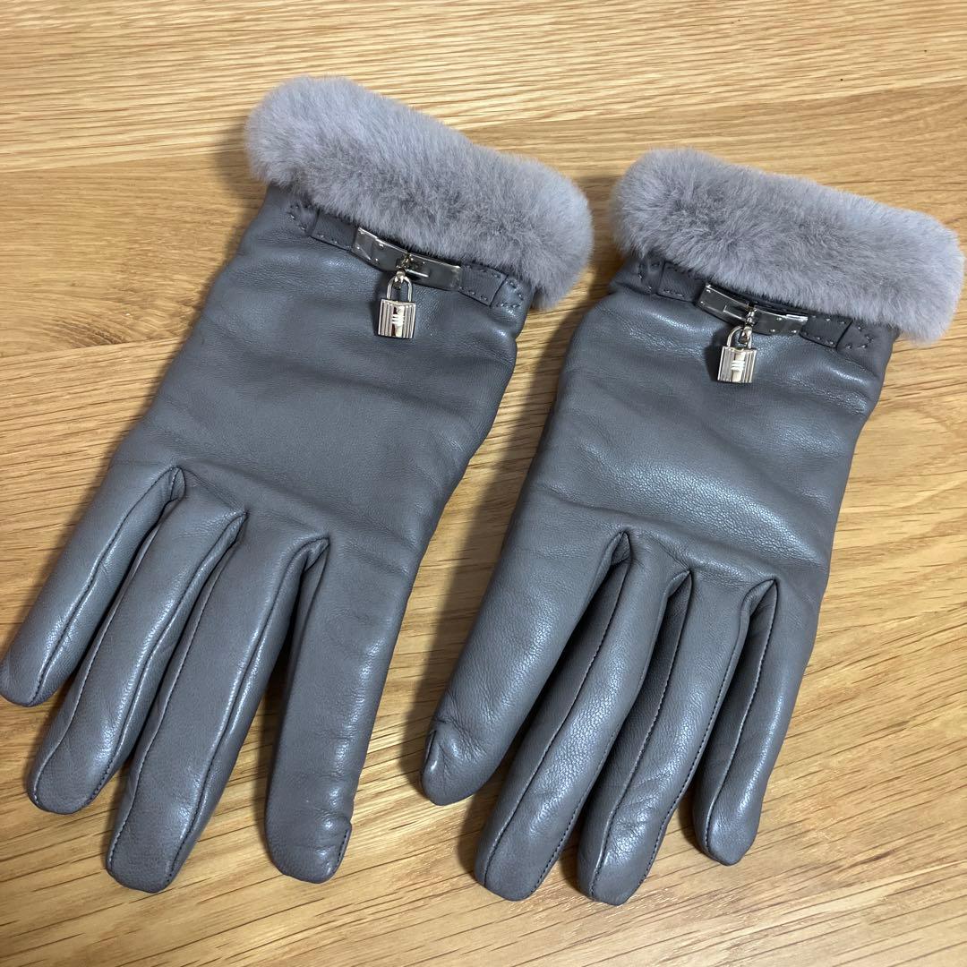 HERMES エルメス　ミンクファー付きグローブ　ケリー グレー　7