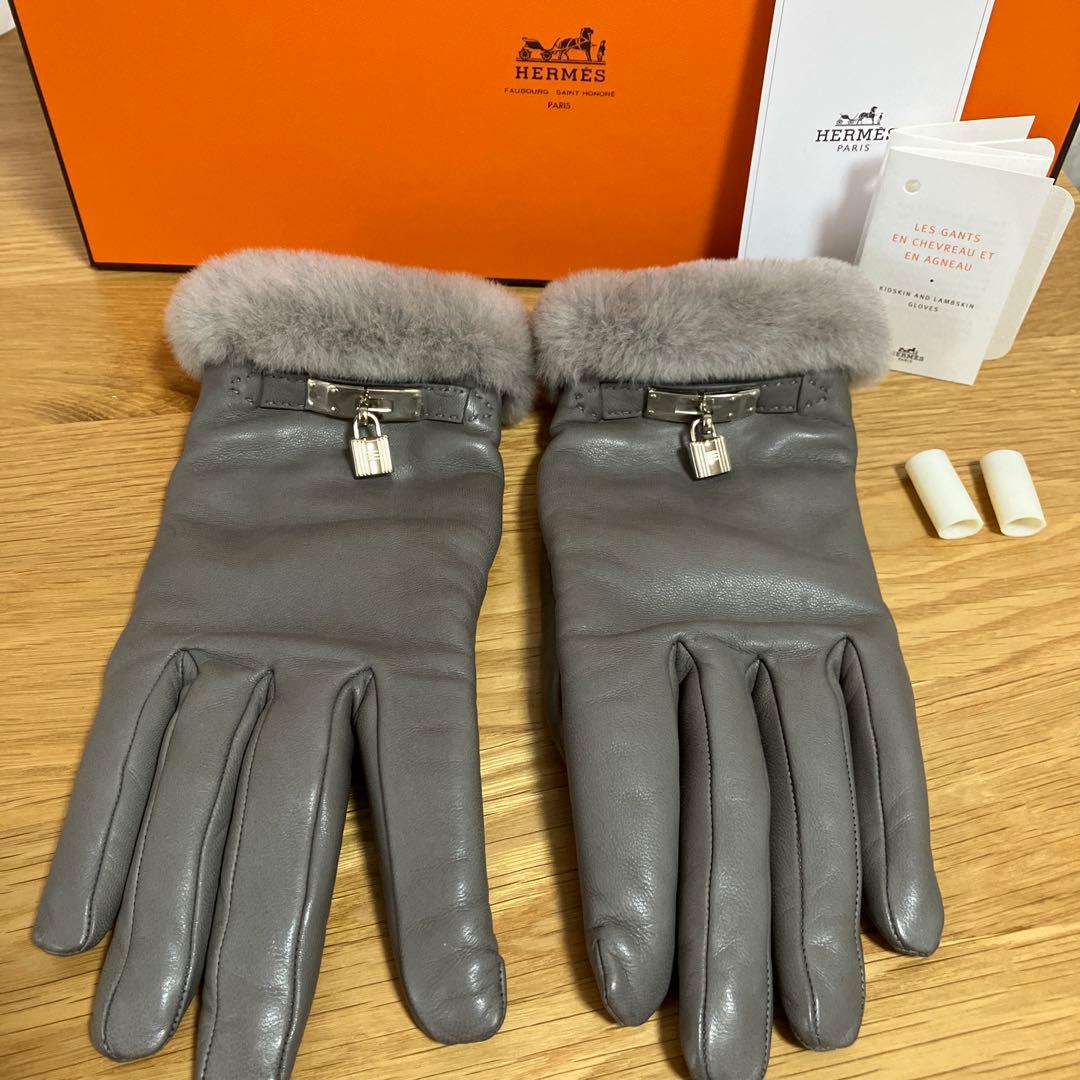 HERMES エルメス　ミンクファー付きグローブ　ケリー グレー　7