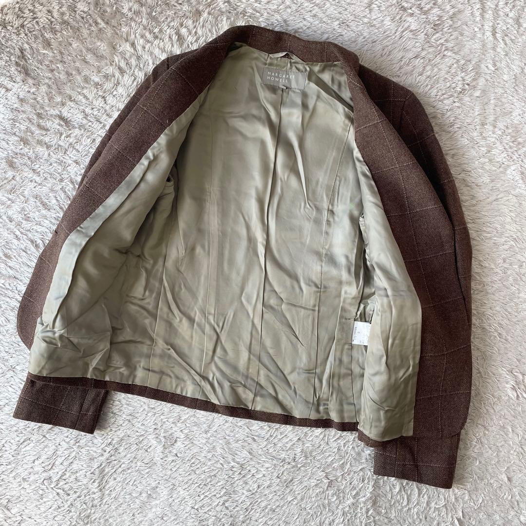 マーガレットハウエル 美品 ウールテーラードジャケット 3 茶色 チェック