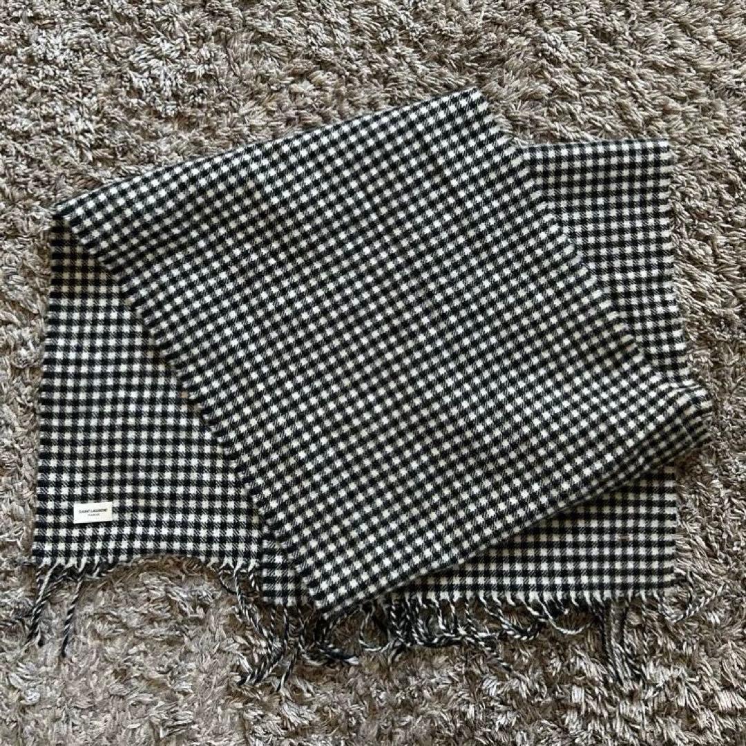 サンローラン パリ ロゴ　プレート　チェック柄 フリンジ マフラー ストール