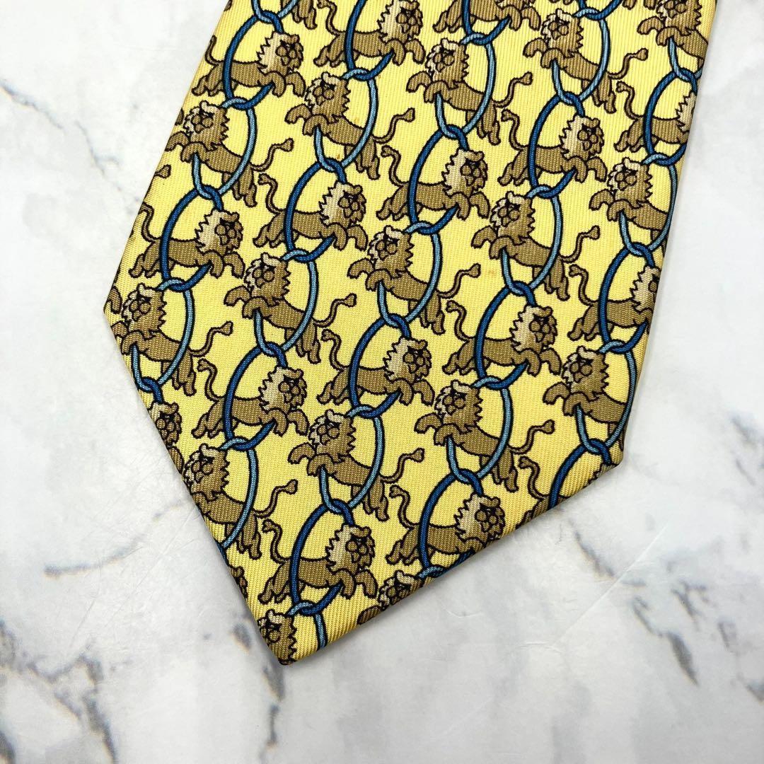 ◆良品◆ HERMES エルメス ネクタイ 黄色 アニマル柄 カジュアル