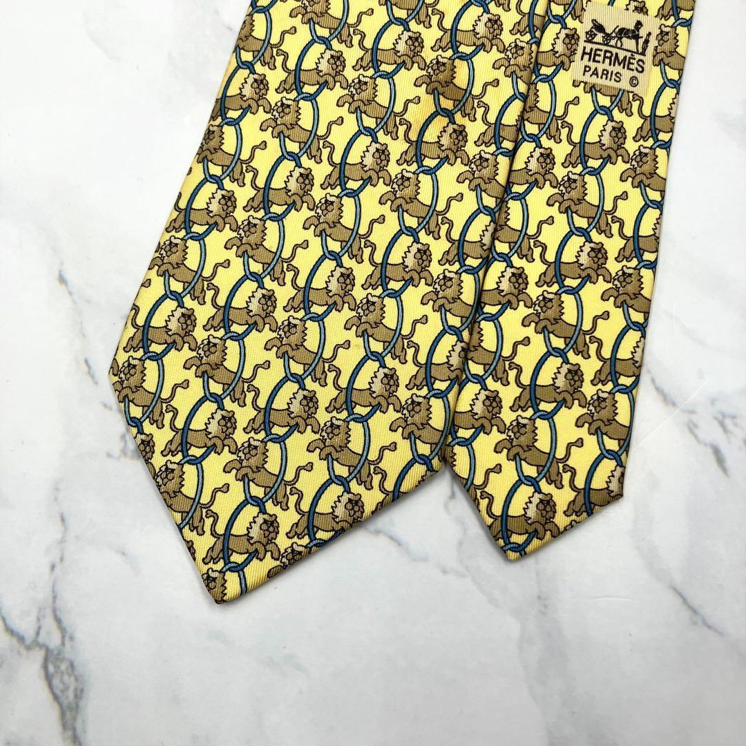◆良品◆ HERMES エルメス ネクタイ 黄色 アニマル柄 カジュアル