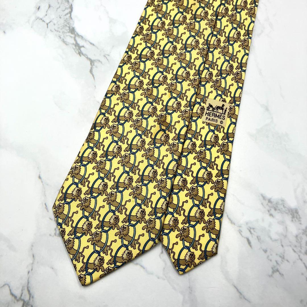 ◆良品◆ HERMES エルメス ネクタイ 黄色 アニマル柄 カジュアル