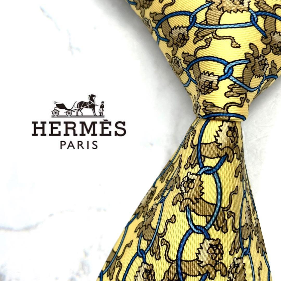 ◆良品◆ HERMES エルメス ネクタイ 黄色 アニマル柄 カジュアル