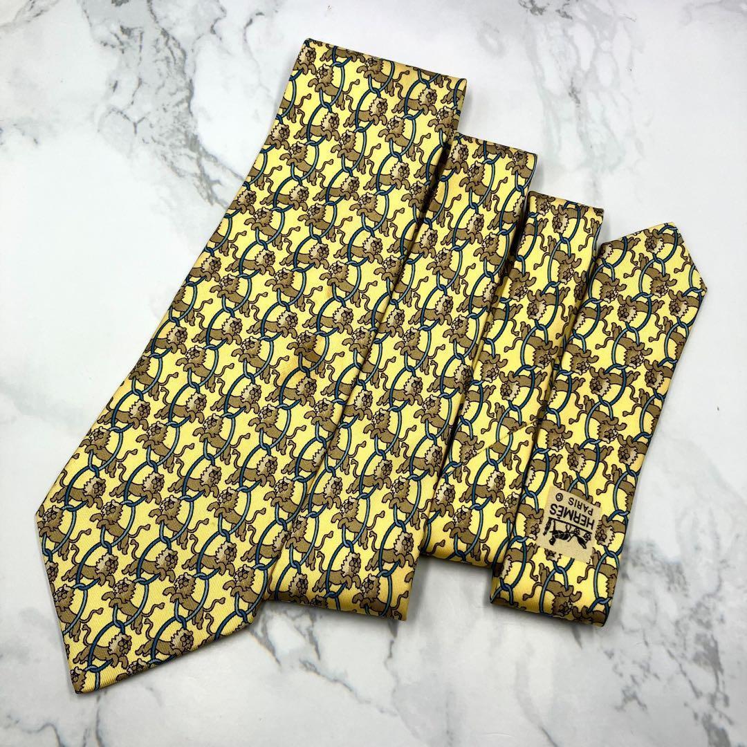 ◆良品◆ HERMES エルメス ネクタイ 黄色 アニマル柄 カジュアル