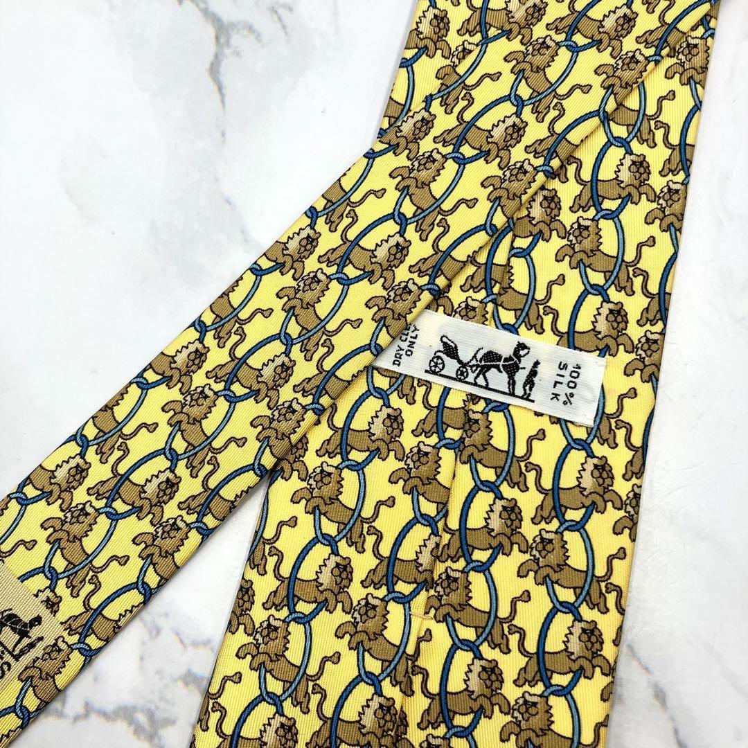 ◆良品◆ HERMES エルメス ネクタイ 黄色 アニマル柄 カジュアル