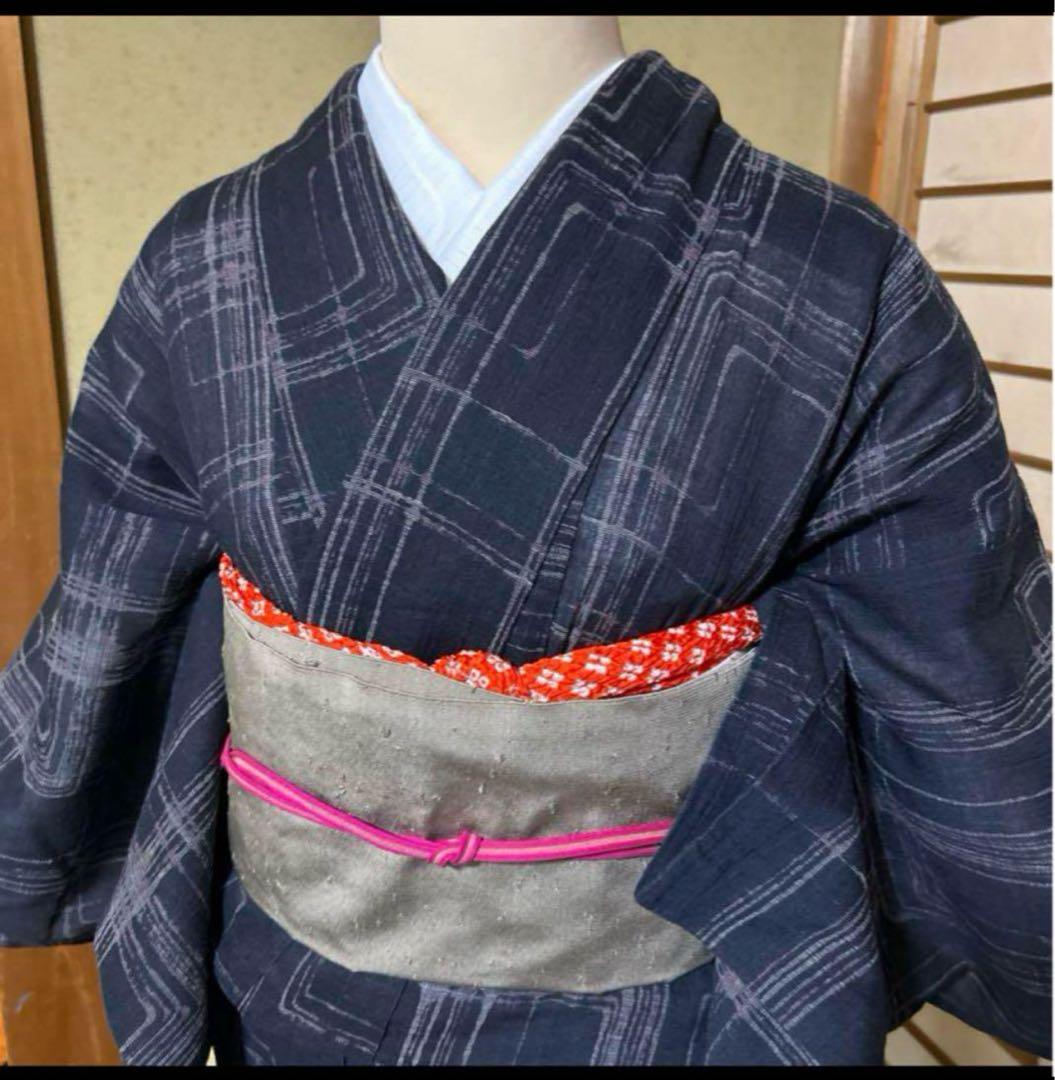 u*c様 未使用近い　美品　正絹　紗紬　小紋　フルセット　ひげ紬帯　154 65