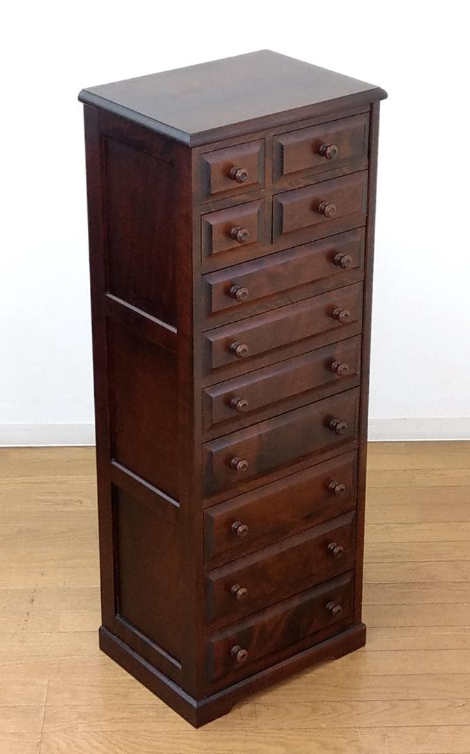 程度良 北海道民芸家具 木製 カバ材 9段 11杯 スリム チェスト 収納家具