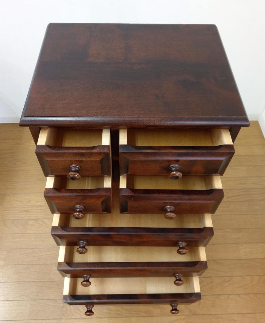 程度良 北海道民芸家具 木製 カバ材 9段 11杯 スリム チェスト 収納家具