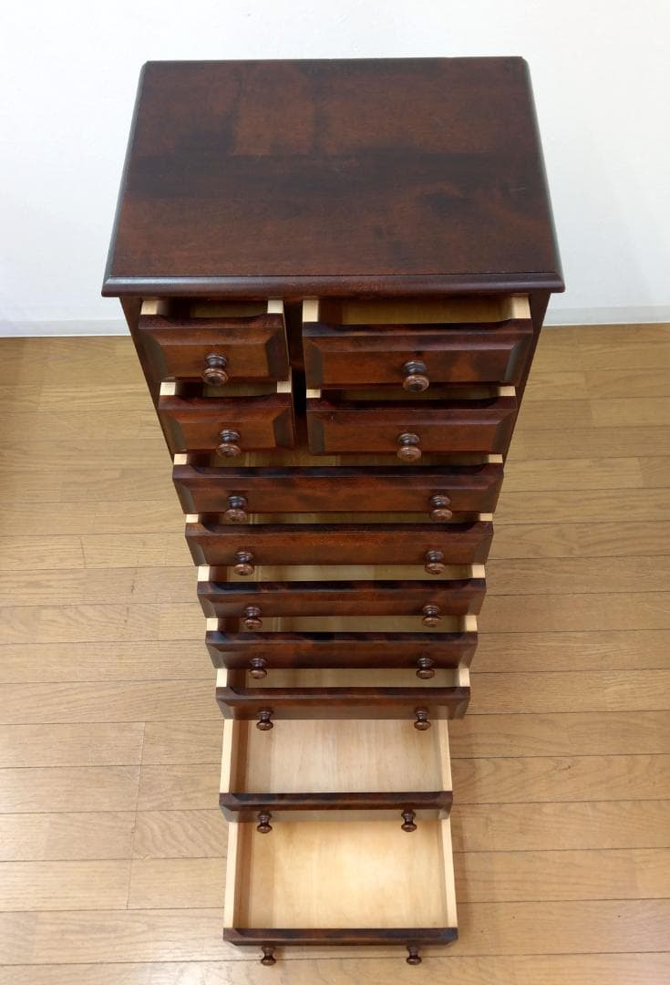 程度良 北海道民芸家具 木製 カバ材 9段 11杯 スリム チェスト 収納家具