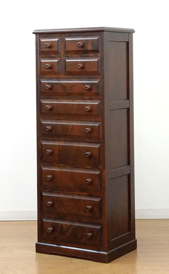 程度良 北海道民芸家具 木製 カバ材 9段 11杯 スリム チェスト 収納家具