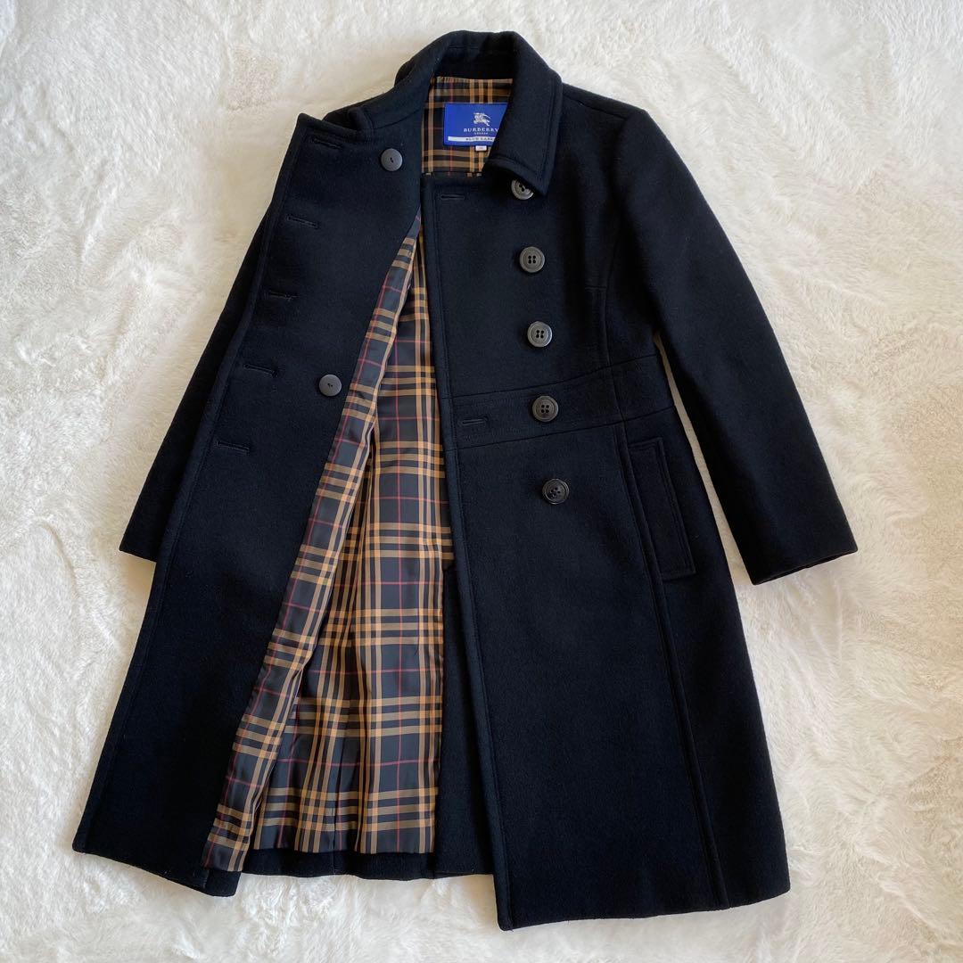 バーバリーブルーレーベル　ロングコート　ウール　ノバチェック　ダブル　Aライン