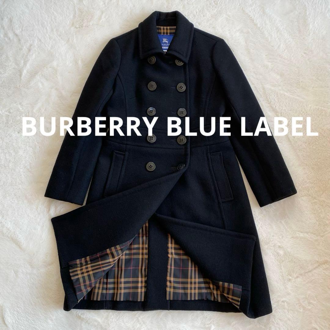 バーバリーブルーレーベル　ロングコート　ウール　ノバチェック　ダブル　Aライン