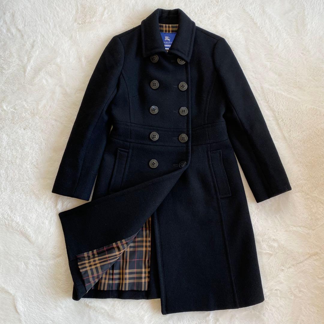 バーバリーブルーレーベル　ロングコート　ウール　ノバチェック　ダブル　Aライン