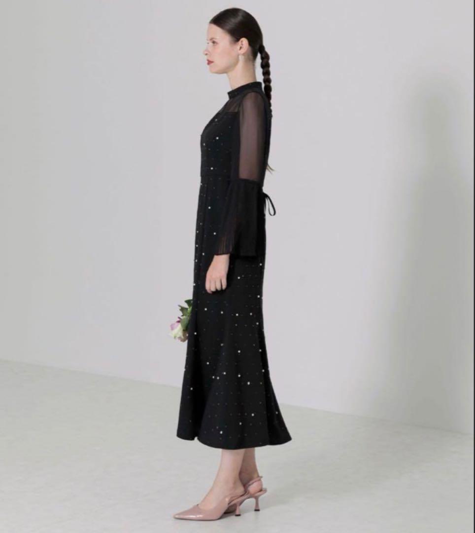 【美品】LEJAパールビジュープリーツフレアスリーブマーメイドワンピースドレス