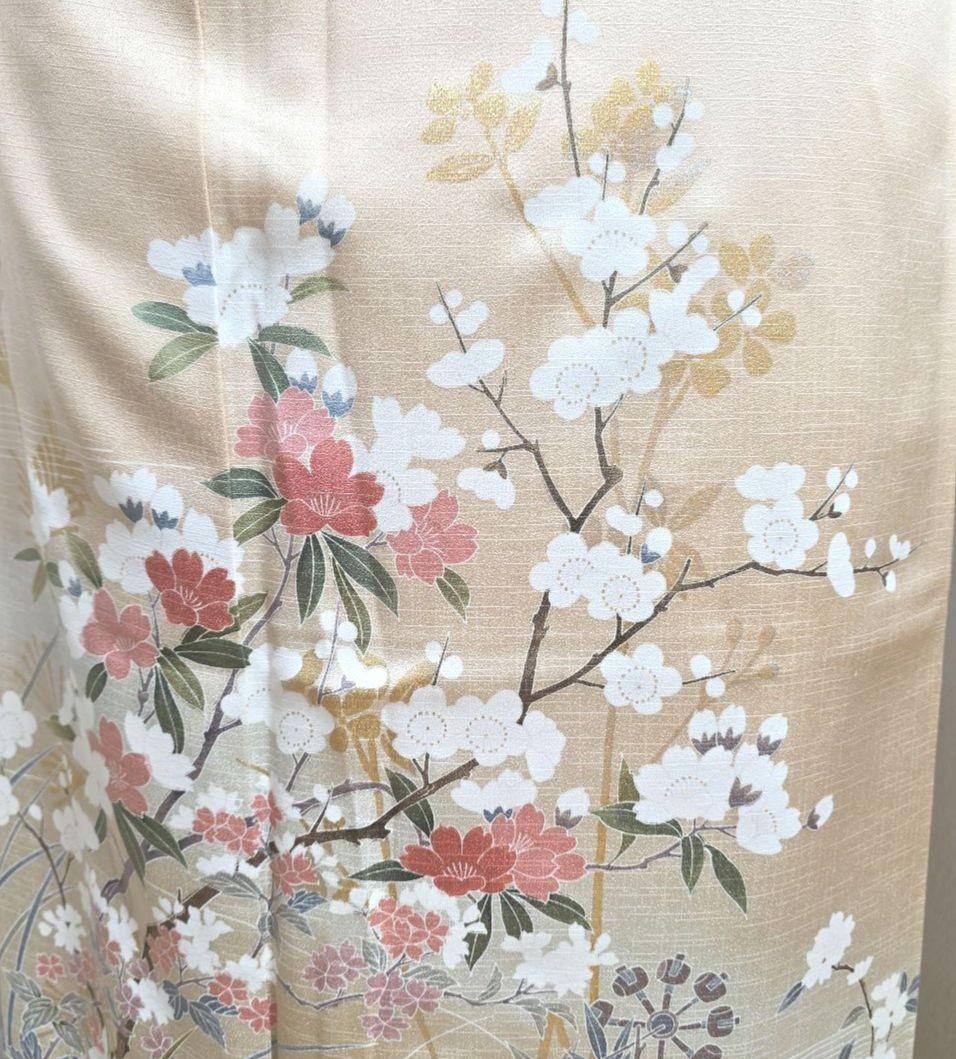 オレンジベージュ訪問着と袋帯・帯揚げ帯締めの4点フルセット