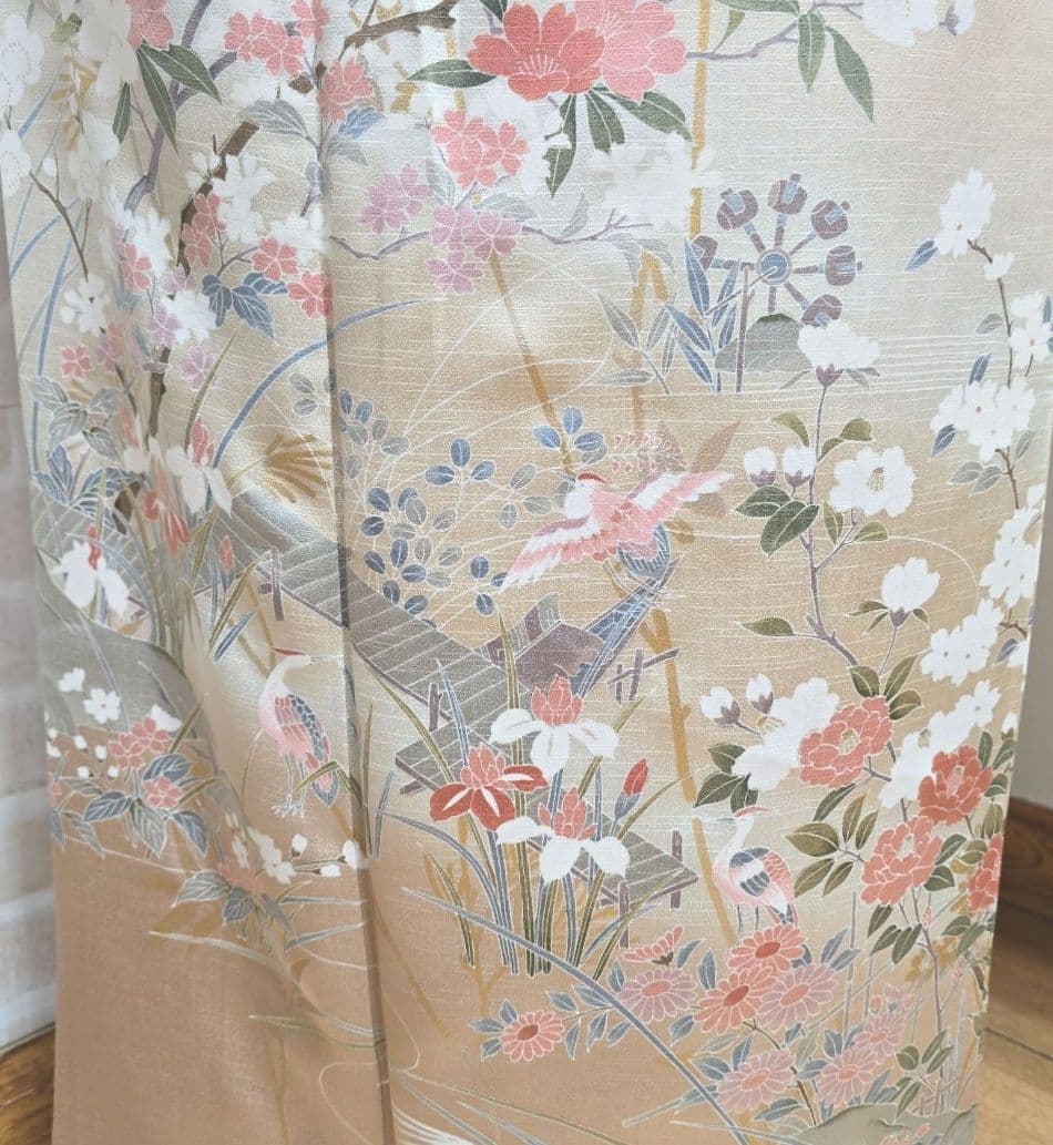 オレンジベージュ訪問着と袋帯・帯揚げ帯締めの4点フルセット