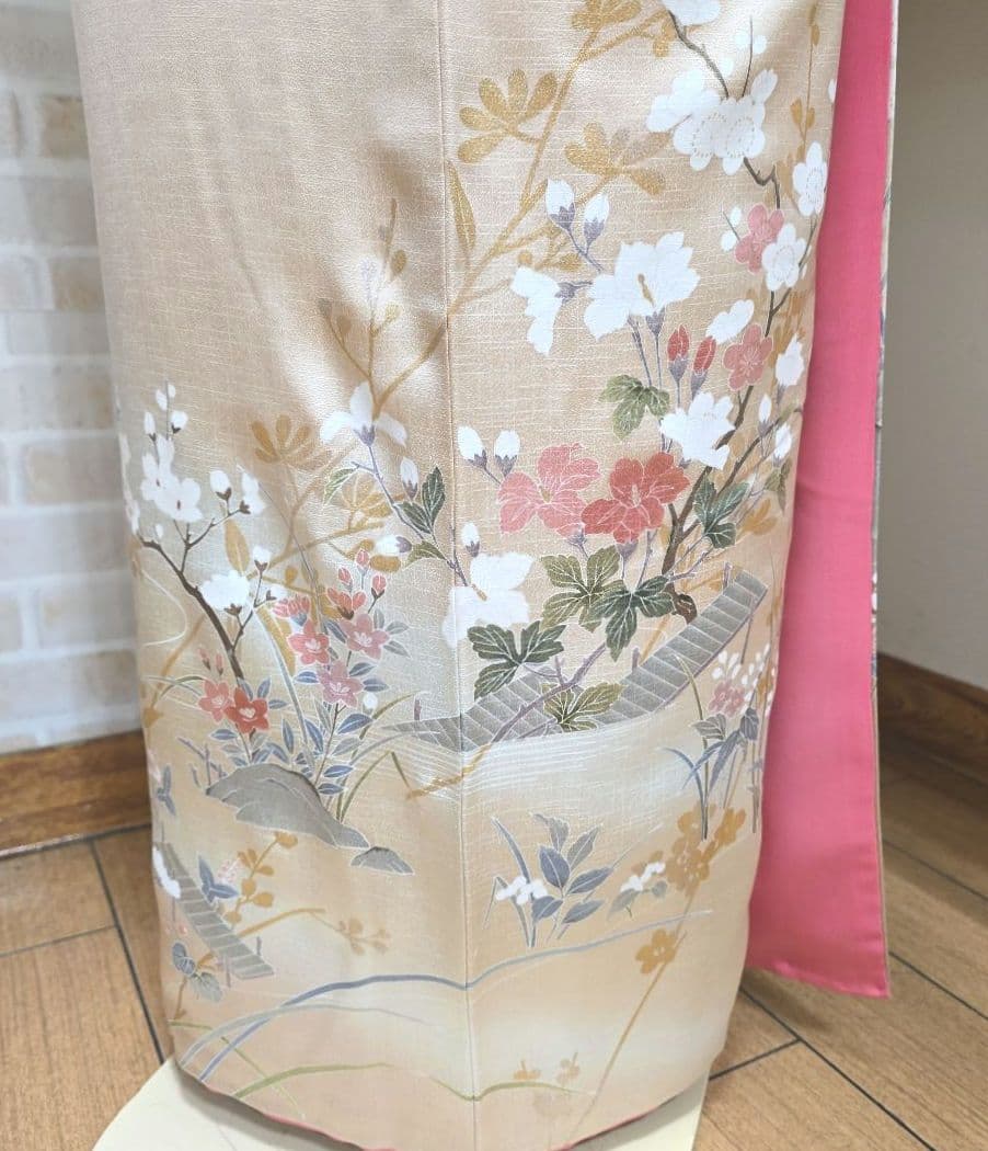 オレンジベージュ訪問着と袋帯・帯揚げ帯締めの4点フルセット