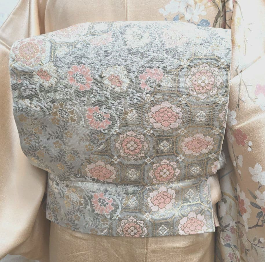 オレンジベージュ訪問着と袋帯・帯揚げ帯締めの4点フルセット