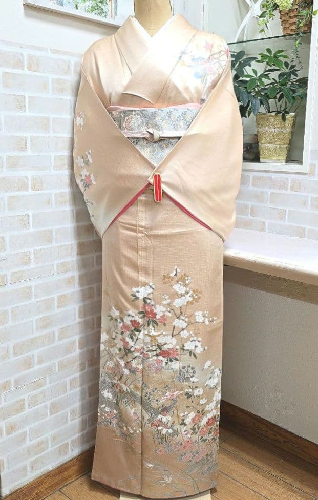 オレンジベージュ訪問着と袋帯・帯揚げ帯締めの4点フルセット