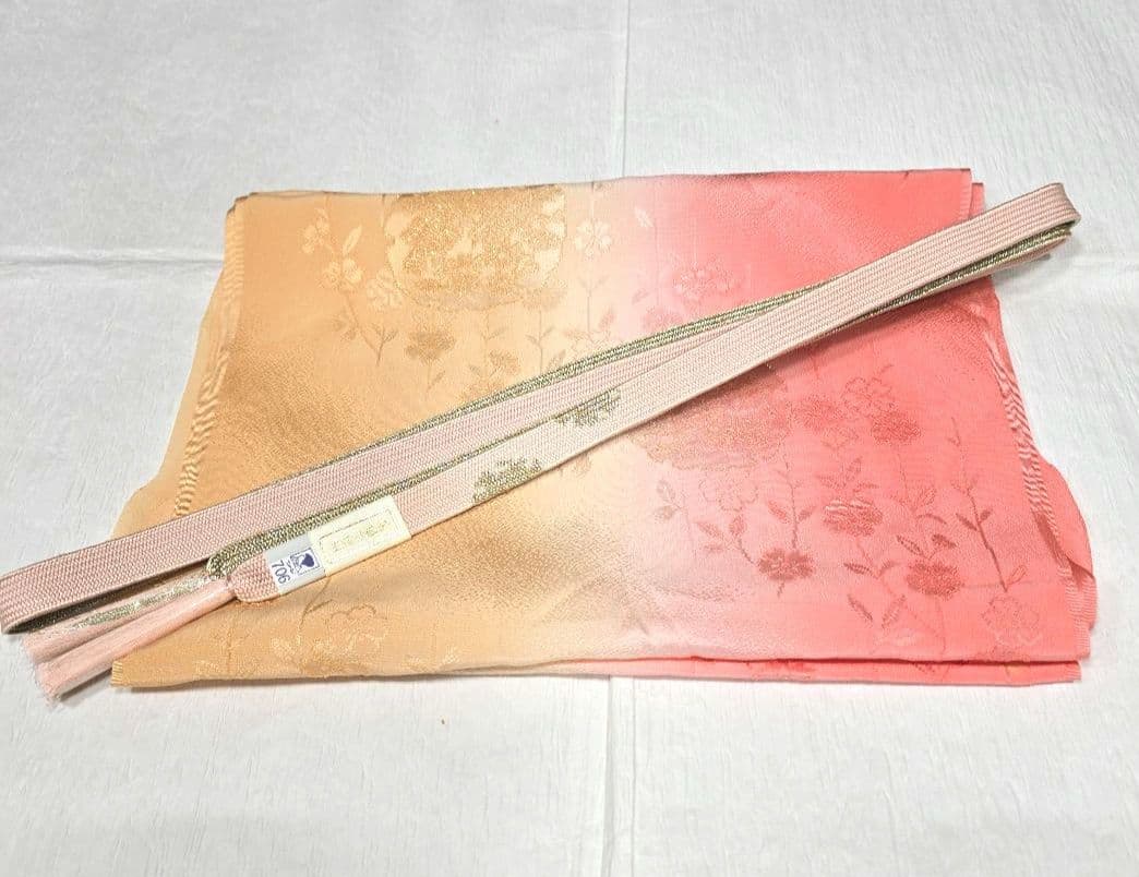 オレンジベージュ訪問着と袋帯・帯揚げ帯締めの4点フルセット