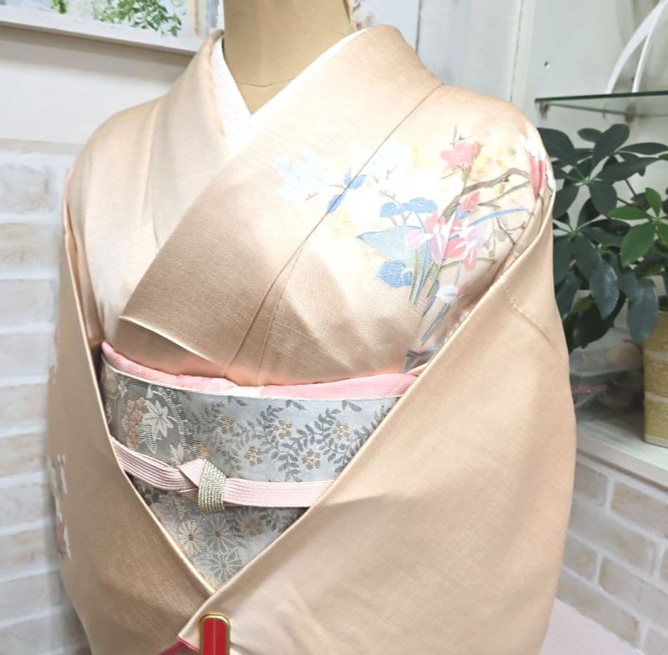 オレンジベージュ訪問着と袋帯・帯揚げ帯締めの4点フルセット