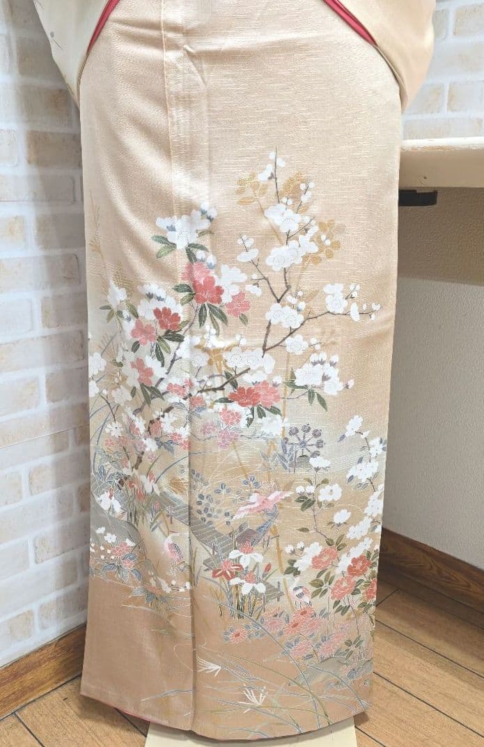 オレンジベージュ訪問着と袋帯・帯揚げ帯締めの4点フルセット