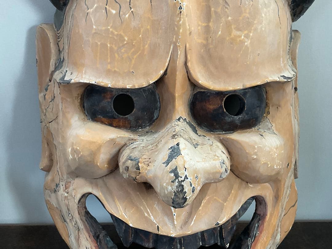 大きな般若面　木彫　能面　神楽面　古面　奉納　縦約58cm