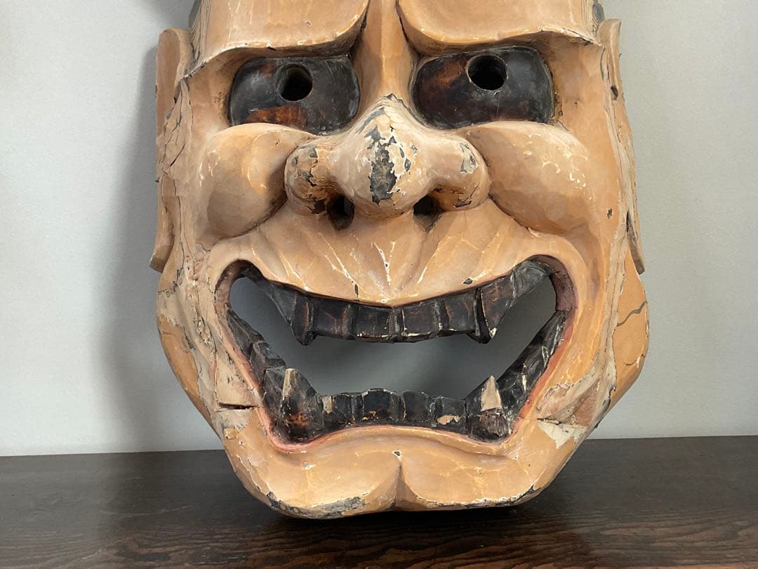 大きな般若面　木彫　能面　神楽面　古面　奉納　縦約58cm