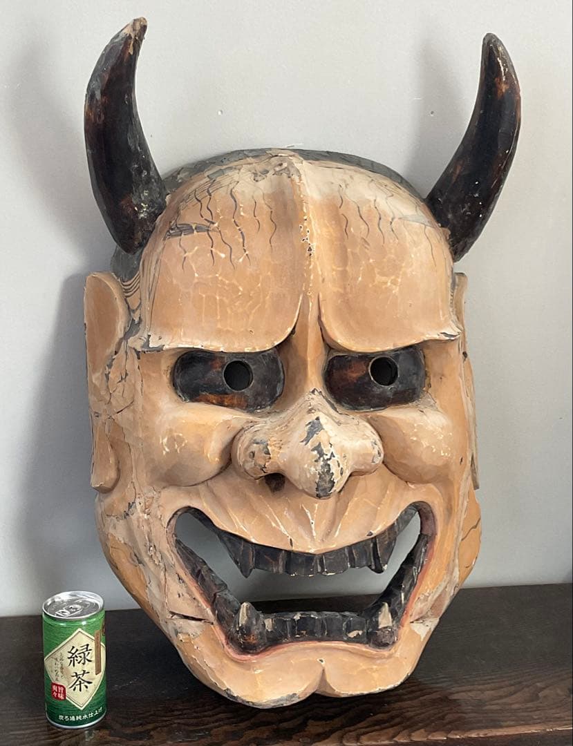 大きな般若面　木彫　能面　神楽面　古面　奉納　縦約58cm