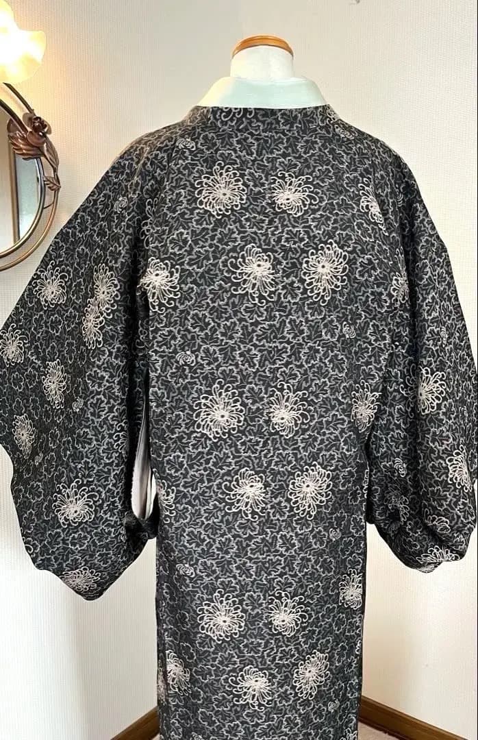 和装コートロング丈 乱菊に葉模様 撥水加工有 身丈132cm 長期保存品