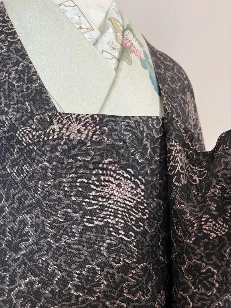 和装コートロング丈 乱菊に葉模様 撥水加工有 身丈132cm 長期保存品