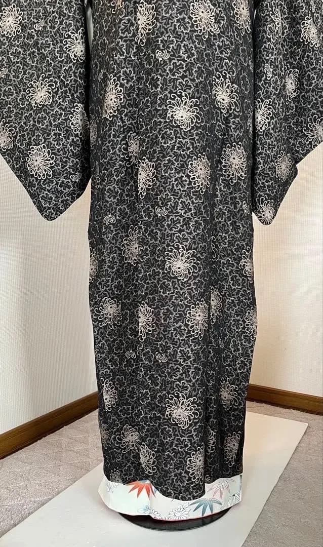 和装コートロング丈 乱菊に葉模様 撥水加工有 身丈132cm 長期保存品