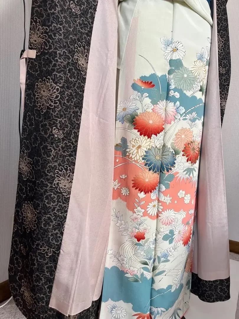 和装コートロング丈 乱菊に葉模様 撥水加工有 身丈132cm 長期保存品