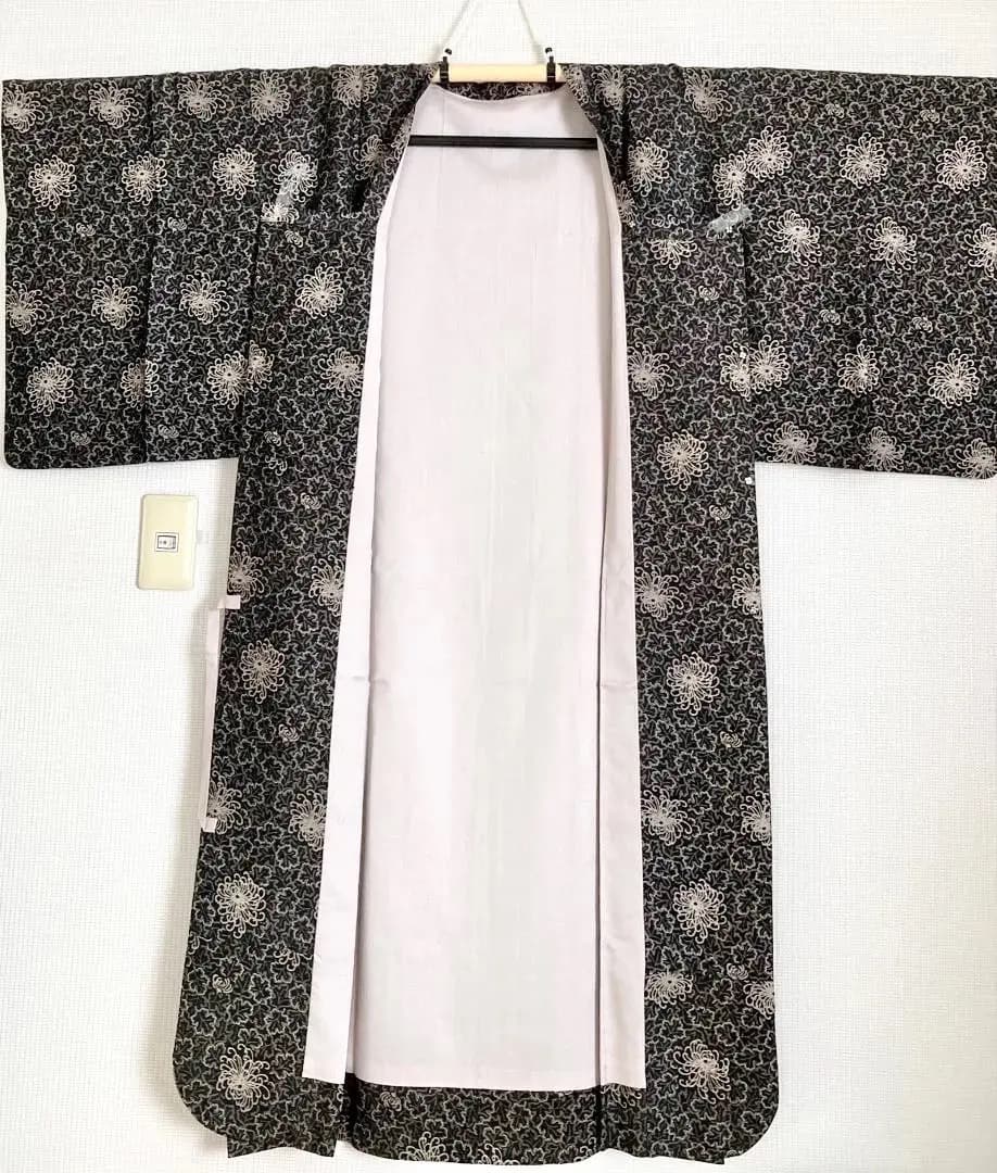 和装コートロング丈 乱菊に葉模様 撥水加工有 身丈132cm 長期保存品