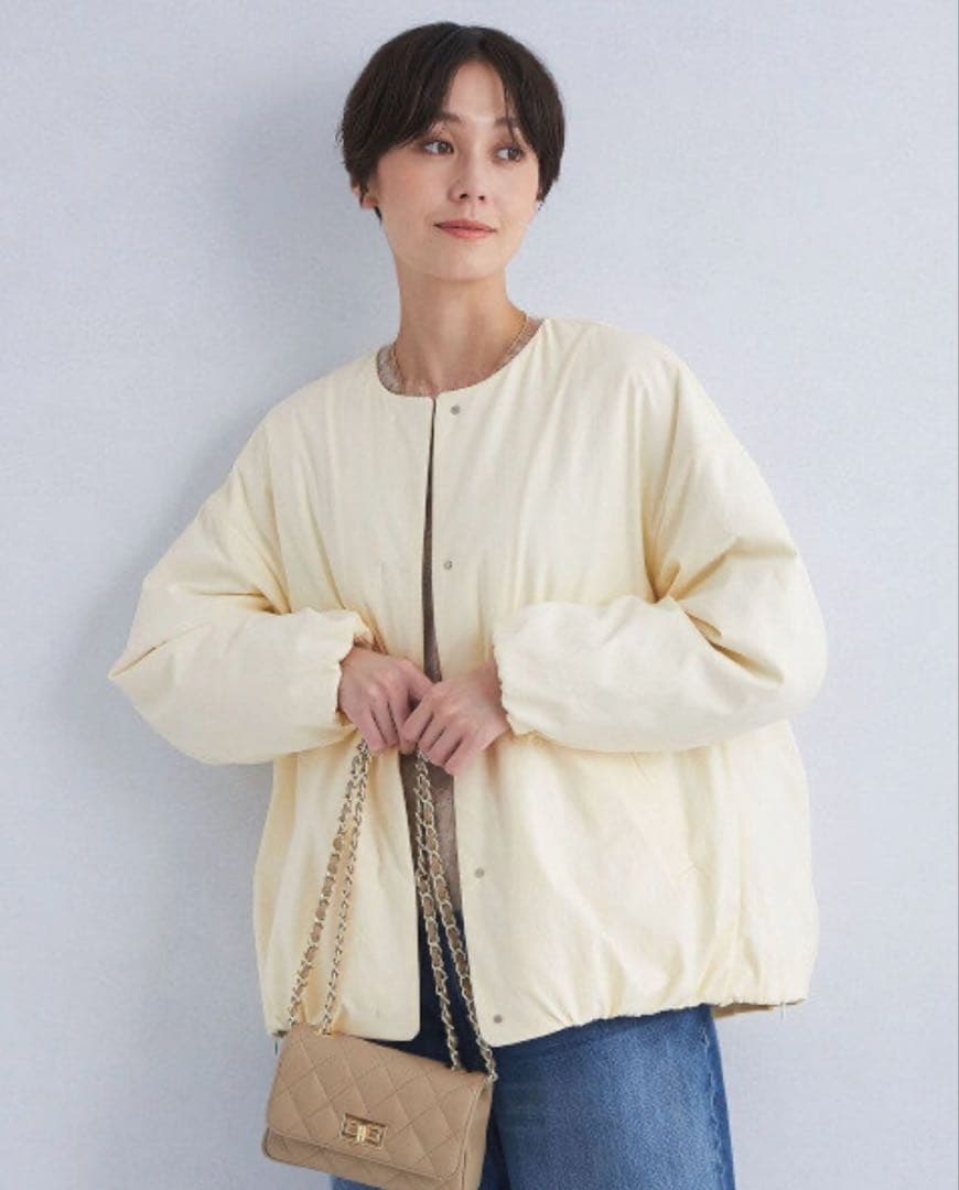 グリーンレーベルリラクシング　パフィー ノーカラー ブルゾン 撥水 保温性