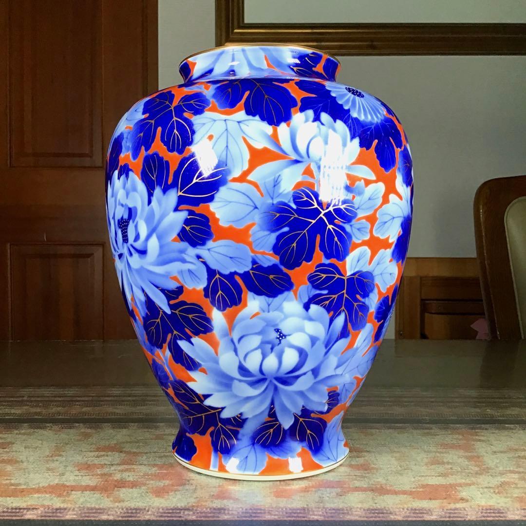 『お中元うー特価』　深川製磁　花瓶　赤金彩　牡丹